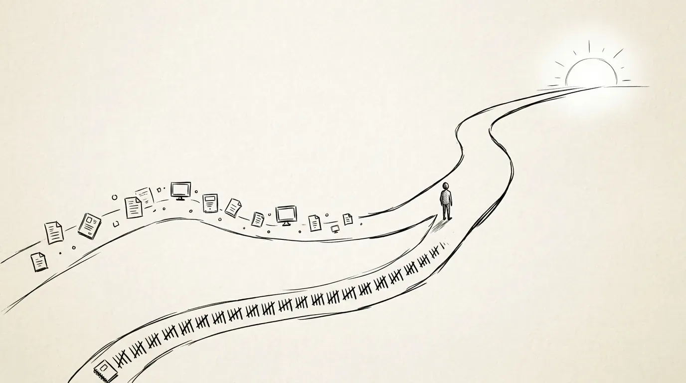 Two winding paths, one dotted with little page and screen icons, the other a long row of journal tally-marks, merging into a single road toward a rising sun