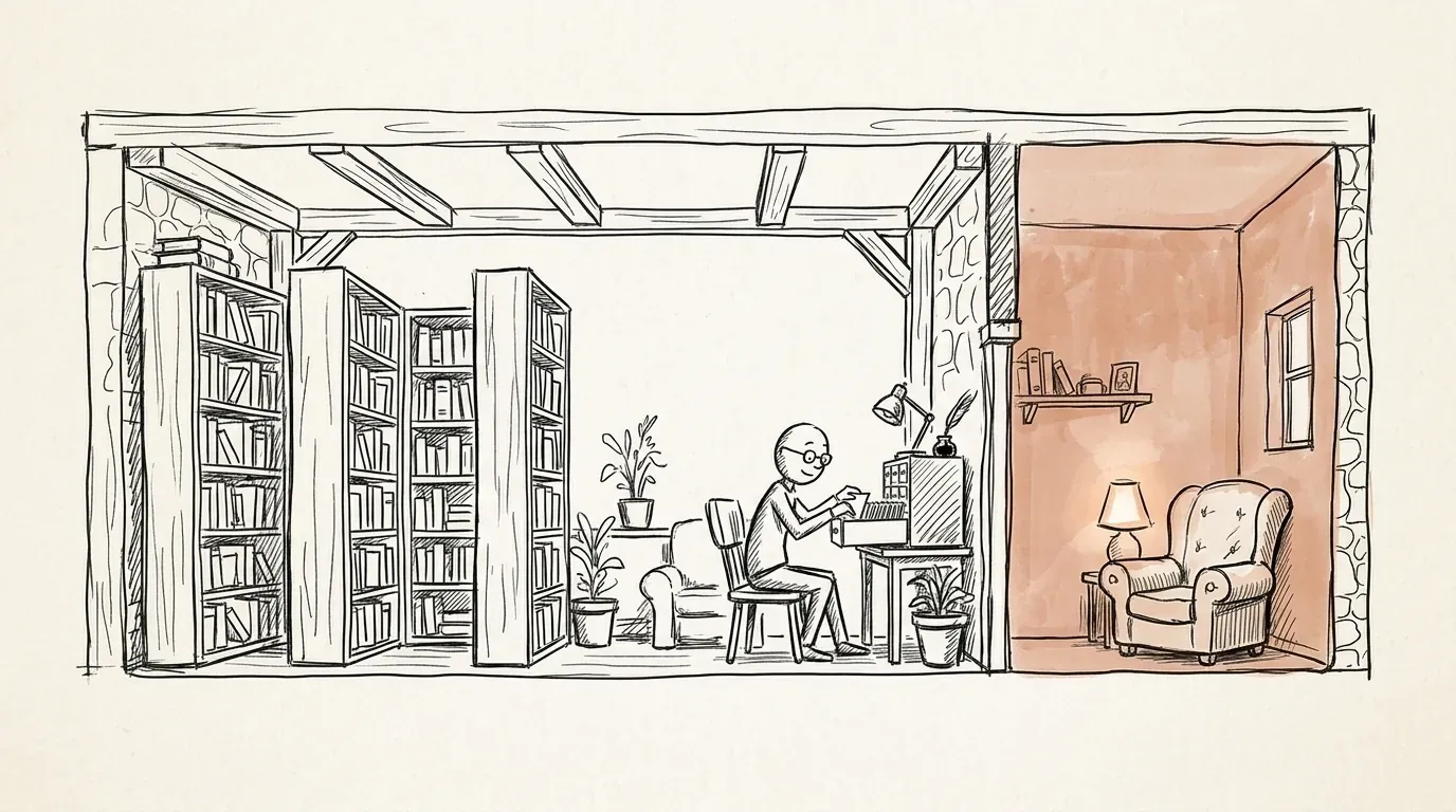 A hand-drawn cutaway of a small library: tall bookshelves on the left, a librarian filing cards at a desk in the middle, a softly glowing back room on the right