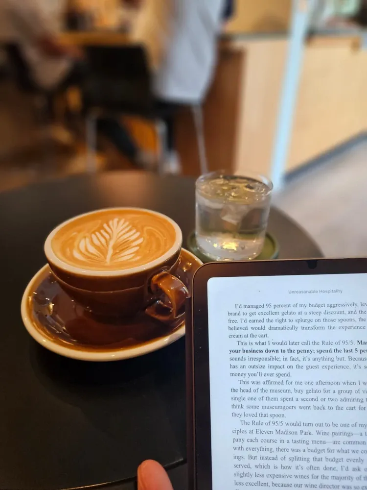 Coffee shop setup with flat white and iPad