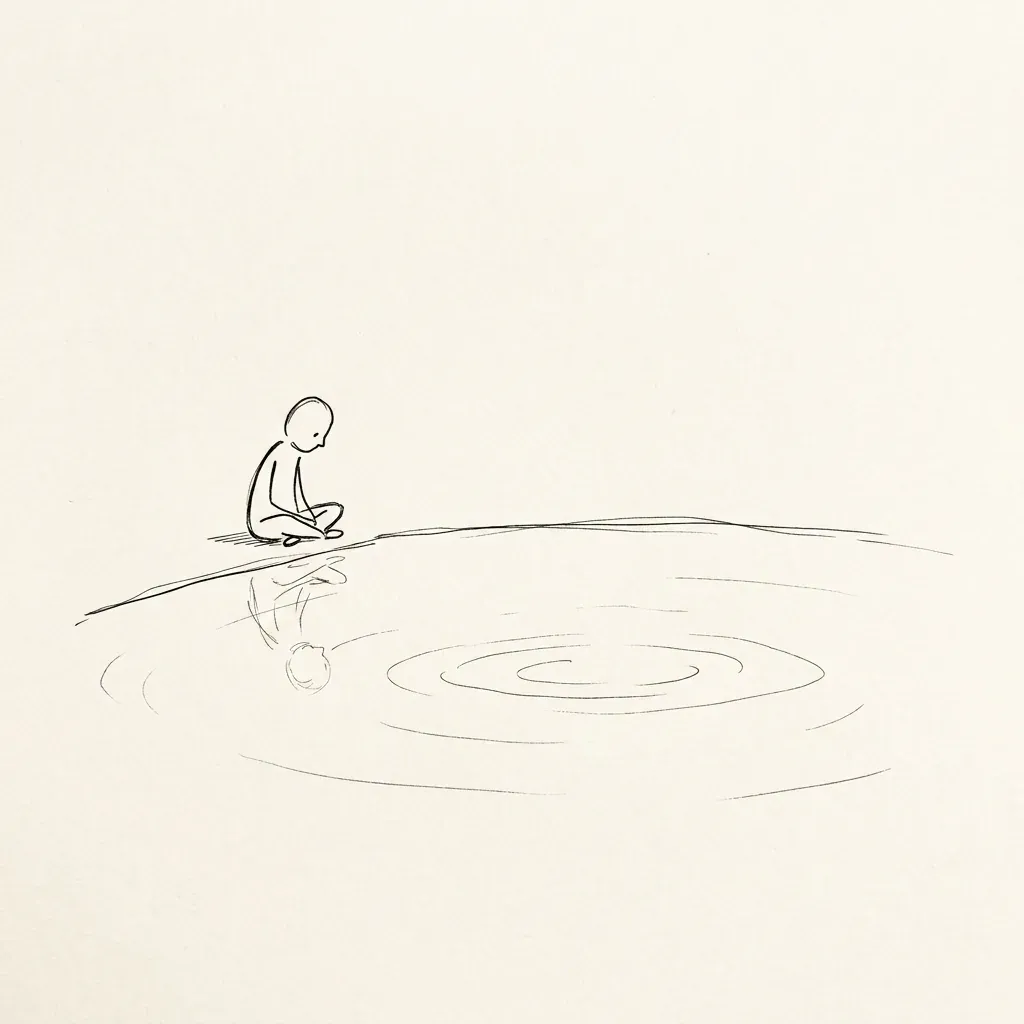 A small figure sitting alone at the edge of a still pool, looking at a faint reflection, soft ripples spreading out