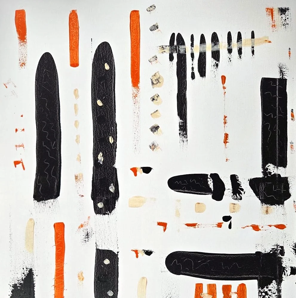 Painting no. 1 by Daniel: long black bars with scratched wavy lines and cream dots, thin orange bars between them, on white canvas.