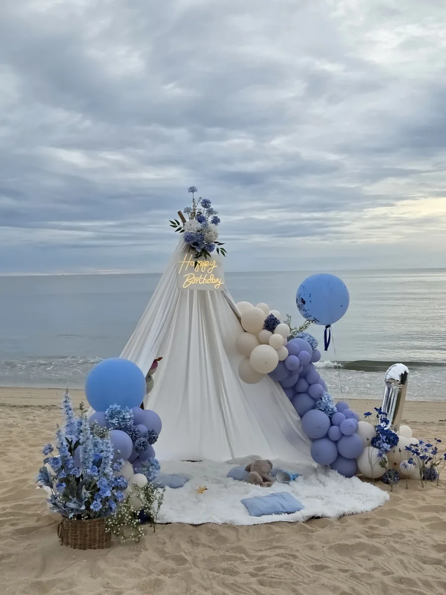 Birthday setup on the beach at sunrise