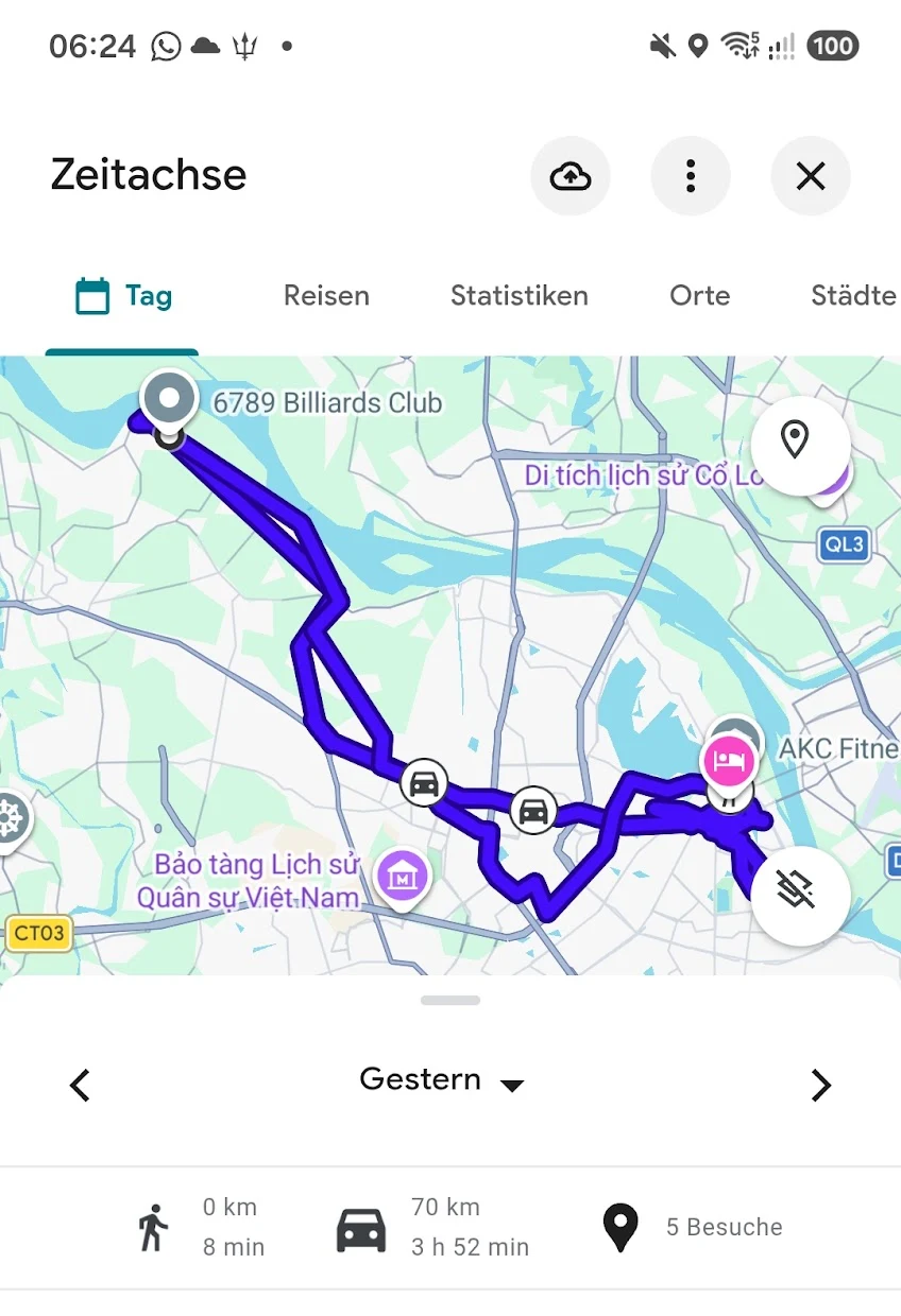 Google Maps timeline showing Daniel's lost phone travelling 70 kilometres through Hanoi in a Grab